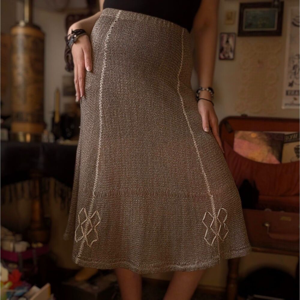 Vintage Mary Farrin Crochet Knit Midi Skirt Women's Small Light Brown Cream 70s